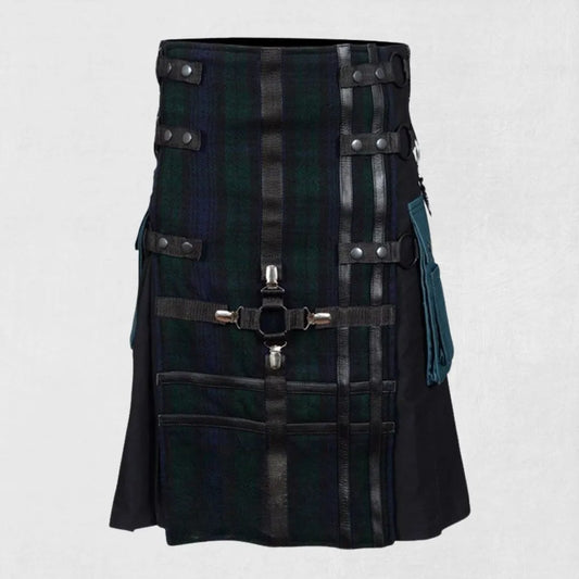 Front view of the Premium Quality Black Watch Hybrid Tartan Kilt showcasing classic tartan design and modern hybrid elements.