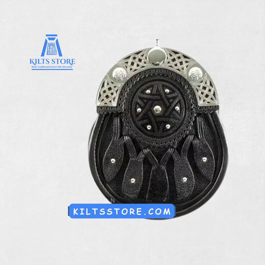 Front view of the Premium Quality Cantle Leaf Leather Sporran, showcasing the intricate leaf detailing and durable leather construction, adding elegance to your kilt outfit.