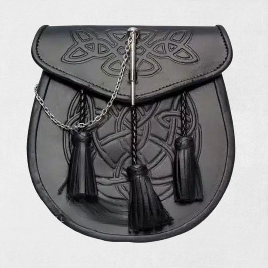 Front view of the Premium Quality Celtic Embossed Leather Sporran, showcasing the intricate Celtic knotwork and detailed embossing on high-quality leather, ideal for adding heritage style to your kilt outfit.
