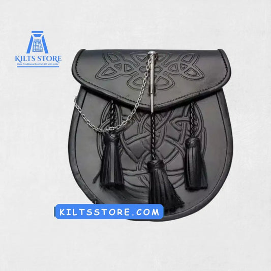 Front view of the Premium Quality Celtic Embossed Leather Sporran, showcasing the intricate Celtic knotwork and detailed embossing on high-quality leather, ideal for adding heritage style to your kilt outfit.