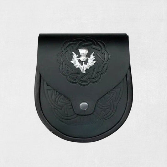 Front view of the Premium Quality Celtic Pattern Leather Sporran, showcasing the detailed Celtic pattern on premium leather, ideal for adding elegance and heritage style to your kilt outfit.