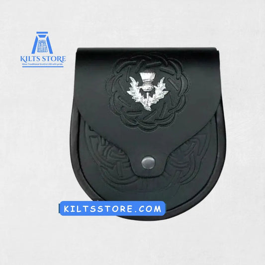Front view of the Premium Quality Celtic Pattern Leather Sporran, showcasing the detailed Celtic pattern on premium leather, ideal for adding elegance and heritage style to your kilt outfit.