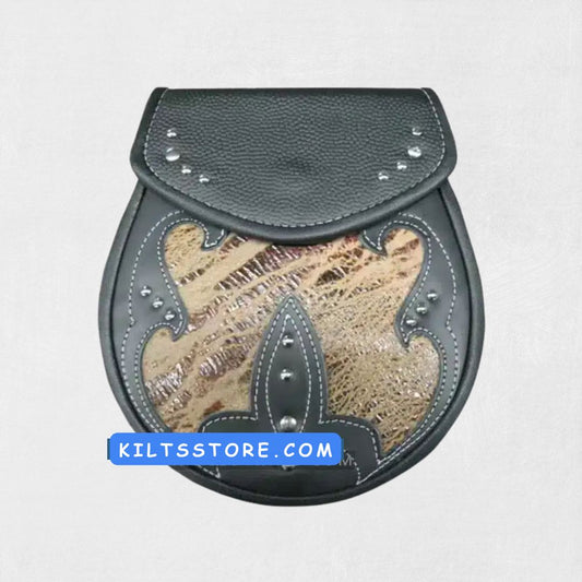 Front view of the Premium Quality Crocodile Skin Sporran, showcasing its luxurious faux crocodile skin texture, adding a contemporary twist to your traditional kilt outfit.