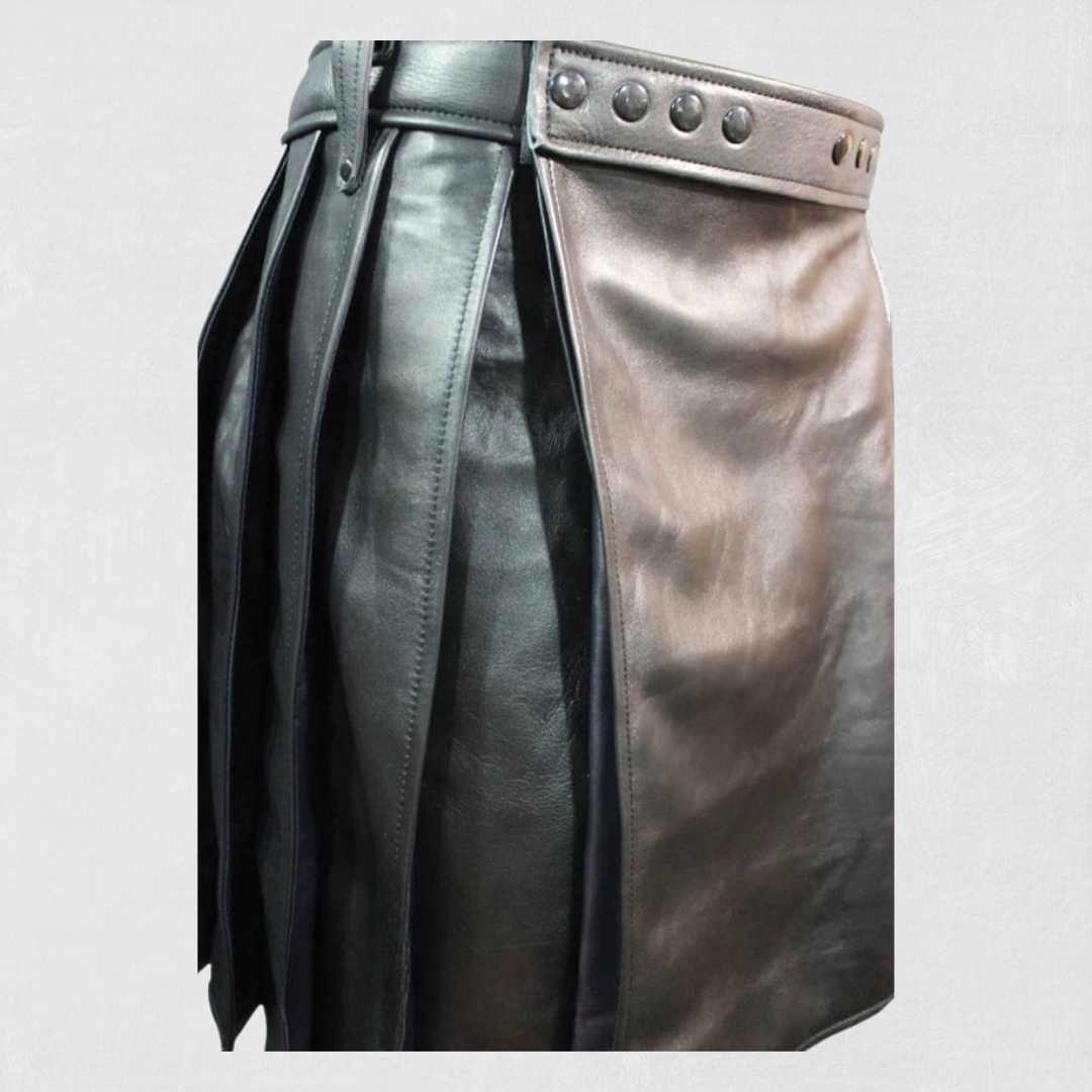 Premium-Quality Custom-Made Scottish Black Leather Kilt for Men, Traditional Style , side view