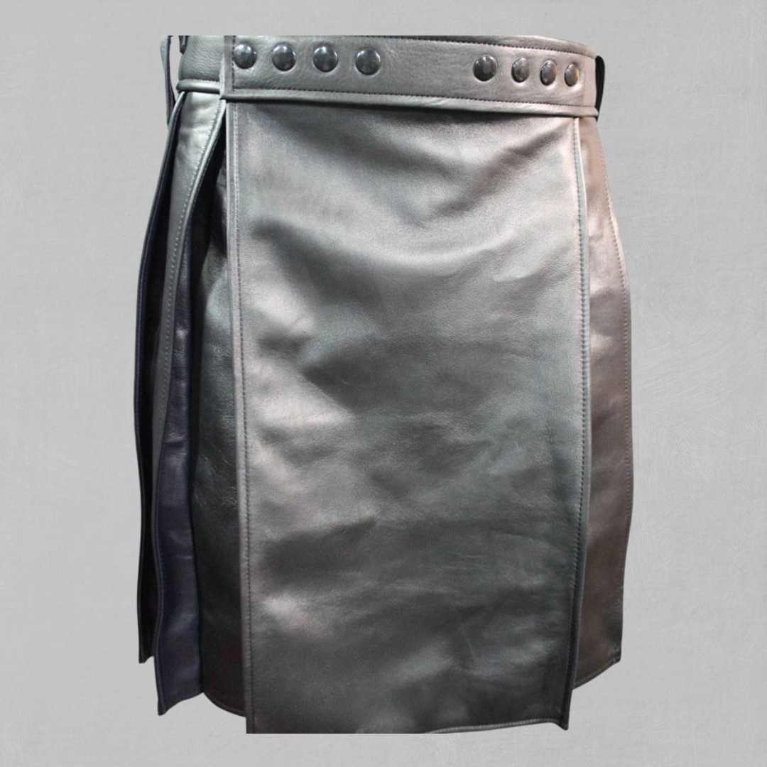Premium-Quality Custom-Made Scottish Black Leather Kilt for Men, Traditional Style , front view .