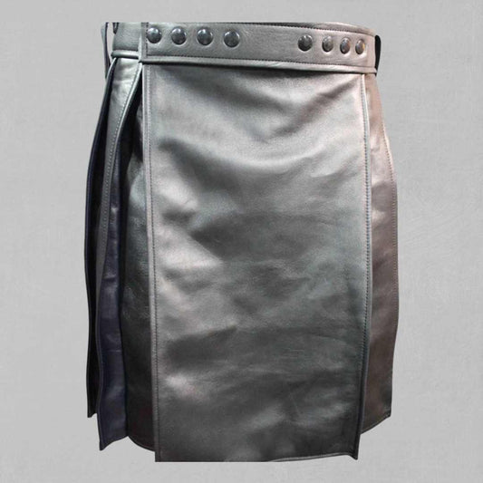 Premium-Quality Custom-Made Scottish Black Leather Kilt for Men, Traditional Style , front view .