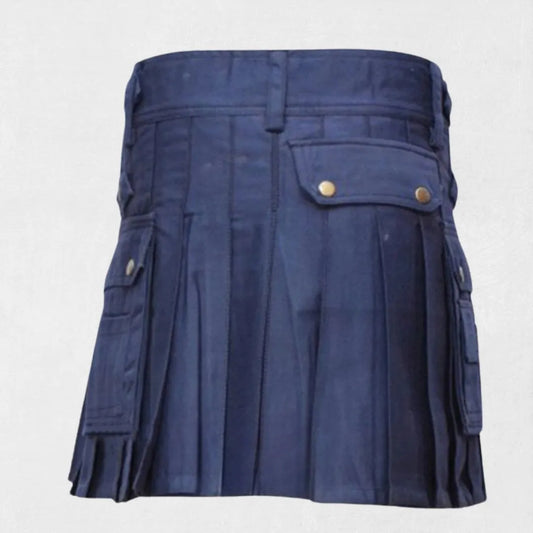 Back view of Custom Made Scottish Blue Women Utility Kilt with functional pockets and adjustable straps