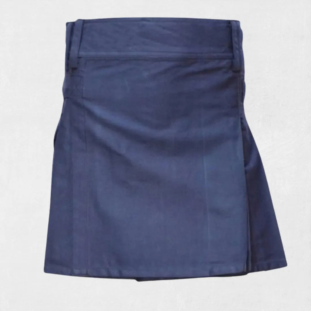 Front view of Custom Made Scottish Blue Women Utility Kilt with functional pockets and adjustable straps