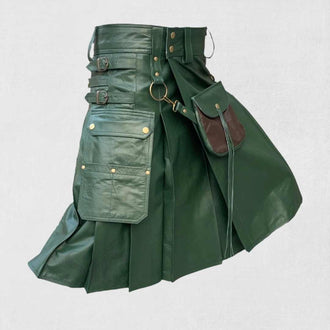 Premium green leather kilt with leather accents, featuring Kiltsstore logo and custom-made 