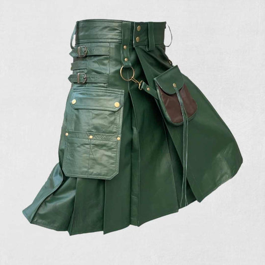 Premium green leather kilt with leather accents, featuring Kiltsstore logo and custom-made 