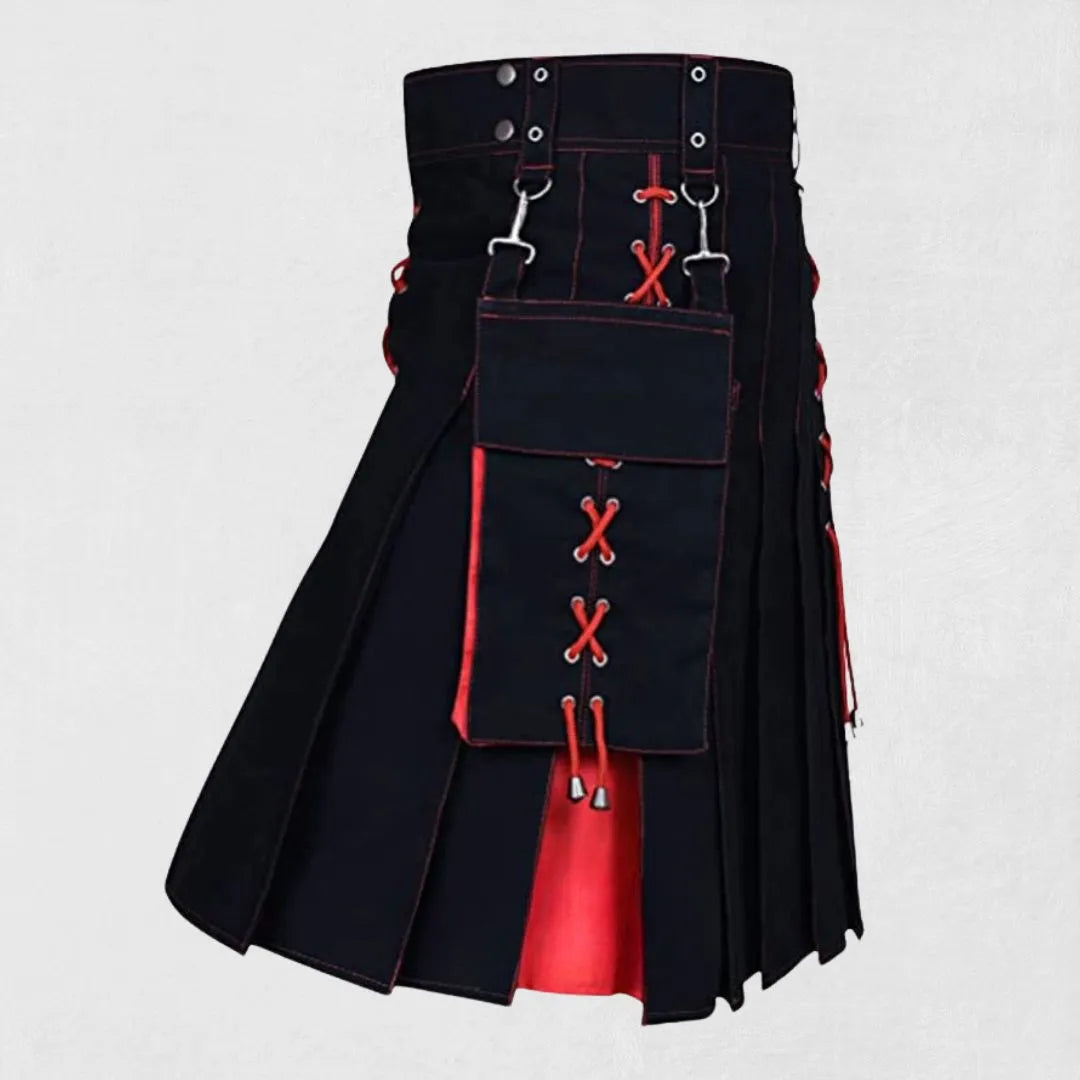 Side view of the Premium Quality Black Watch Hybrid Tartan Kilt highlighting premium craftsmanship and stylish fit.