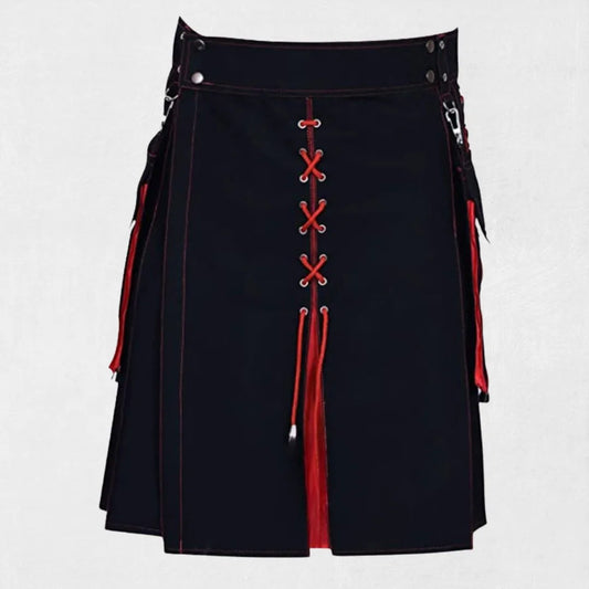 Front view of the Premium Quality Black Watch Hybrid Tartan Kilt showcasing classic tartan design and modern hybrid elements.