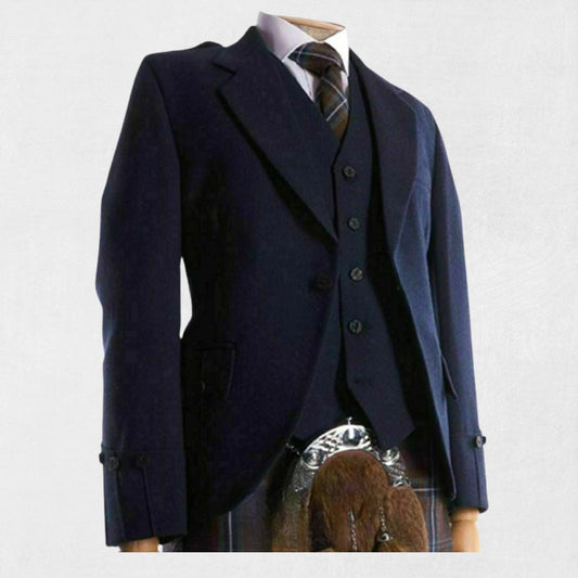 Front view of the Premium-Quality Custom-Made Scottish Navy Blue Tweed Argyle Jacket with Vest