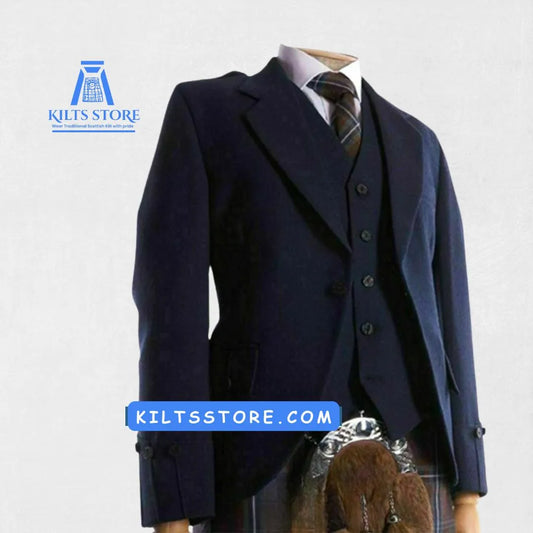 Front view of the Premium-Quality Custom-Made Scottish Navy Blue Tweed Argyle Jacket with Vest