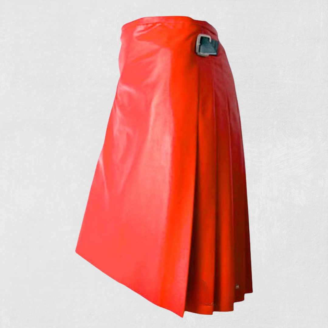 Premium-Quality Custom-Made Scottish Red Leather Kilt for Women, Traditional Scottish Style, side view .
