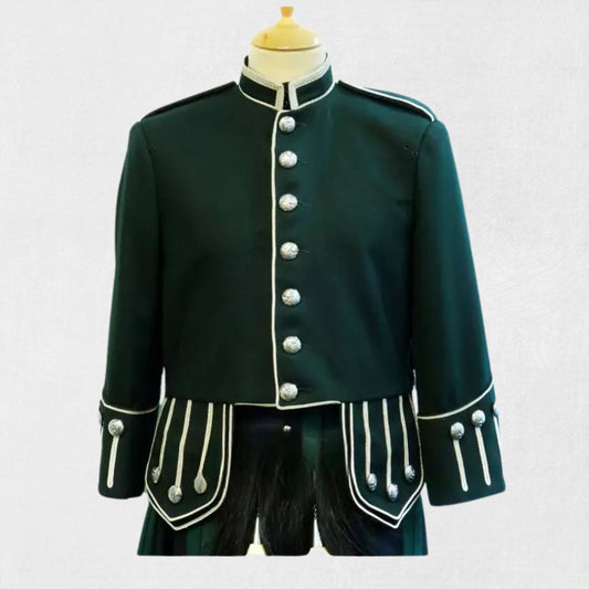 Front view of the Premium-Quality Custom-Made Scottish Green Military Drummer Doublet