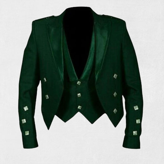 Front view of the Premium-Quality Custom-Made Scottish Green Prince Charlie Jacket.

