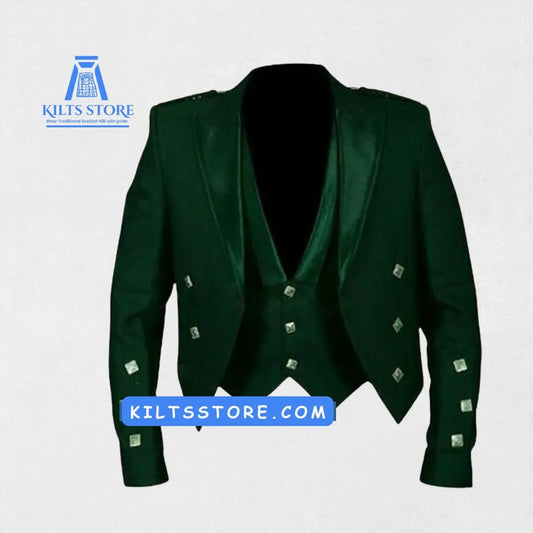 Front view of the Premium-Quality Custom-Made Scottish Green Prince Charlie Jacket


