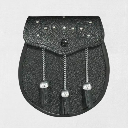 Front view of the Premium Quality Fancy Leather Sporran, showcasing its sleek design and intricate detailing, ideal for adding elegance to your kilt ensemble.