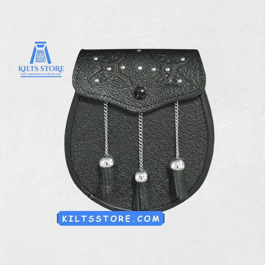 Front view of the Premium Quality Fancy Leather Sporran, showcasing its sleek design and intricate detailing, ideal for adding elegance to your kilt ensemble.