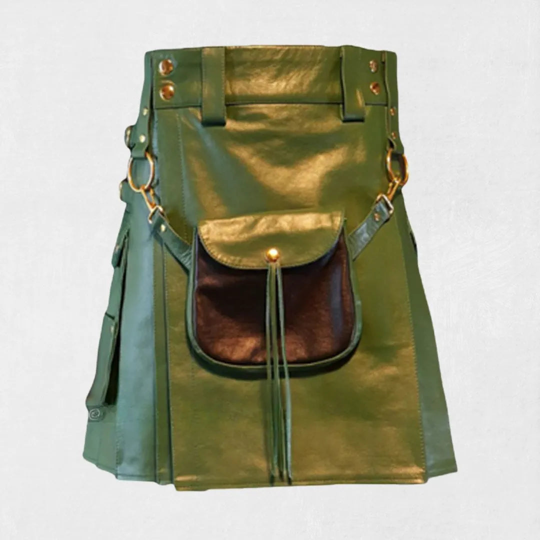  Front view of Premium Quality Fashion Green Leather Kilt Design featuring vibrant leather, pleats, and buckle straps