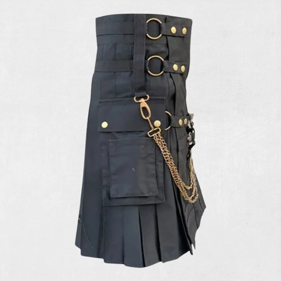 Side view of the Premium Quality Fashion Utility Hybrid Kilt highlighting its stylish fit and unique chain detailing.