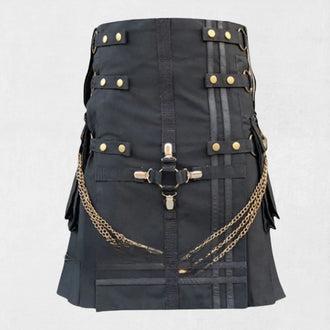 Front view of the Premium Quality Fashion Utility Hybrid Kilt with Chain Design showcasing the chain accent and modern hybrid elements.