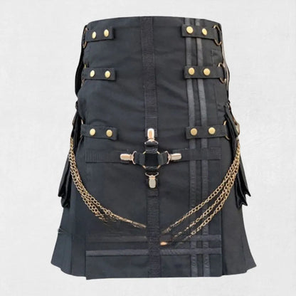 Front view of the Premium Quality Fashion Utility Hybrid Kilt with Chain Design showcasing the chain accent and modern hybrid elements.