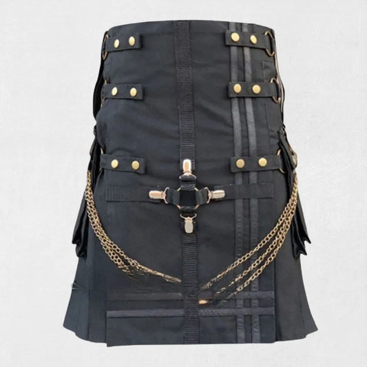 Front view of the Premium Quality Fashion Utility Hybrid Kilt with Chain Design showcasing the chain accent and modern hybrid elements.