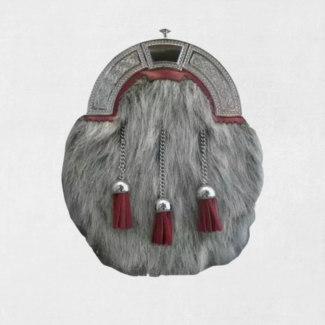 Front view of premium grey rabbit fur full dress sporran with chrome cantle and three tassels
