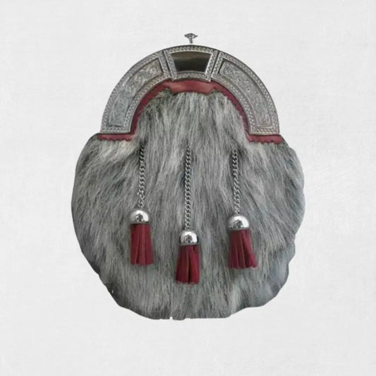 Front view of premium grey rabbit fur full dress sporran with chrome cantle and three tassels
