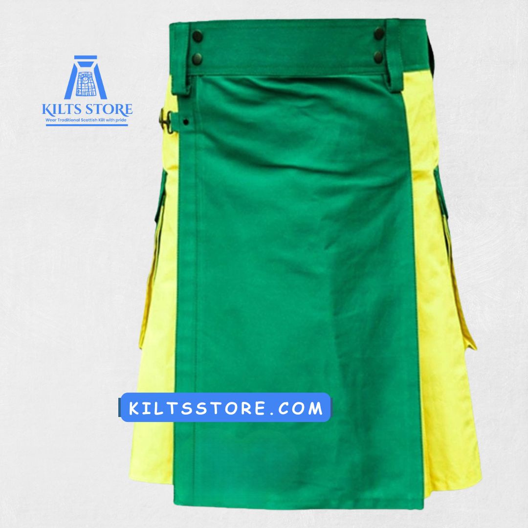 Premium Green Yellow Utility Kilt – Back View with Pleats