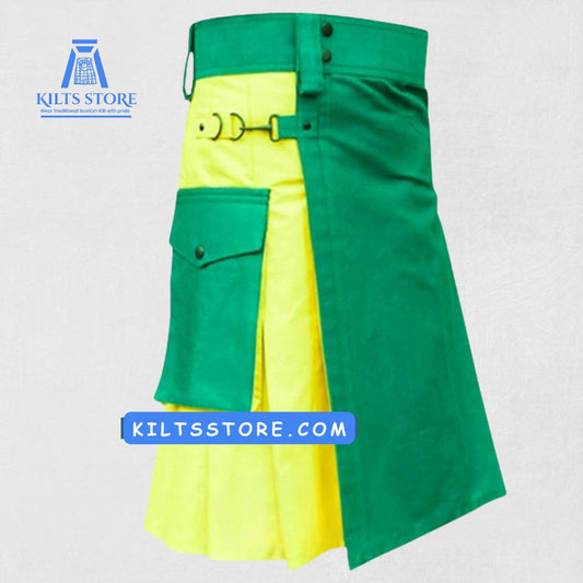 Premium Green Yellow Utility Kilt – Front View with Pockets