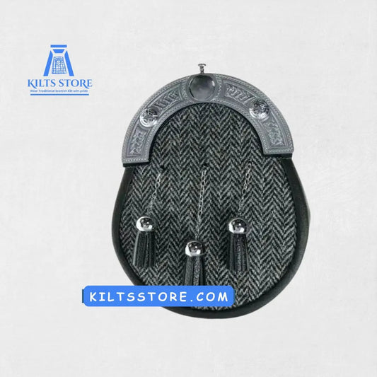 Front view of the Premium Quality Grey Tweed Leather Sporran, showcasing the grey tweed design on high-quality leather, adding a classic touch to your kilt ensemble.