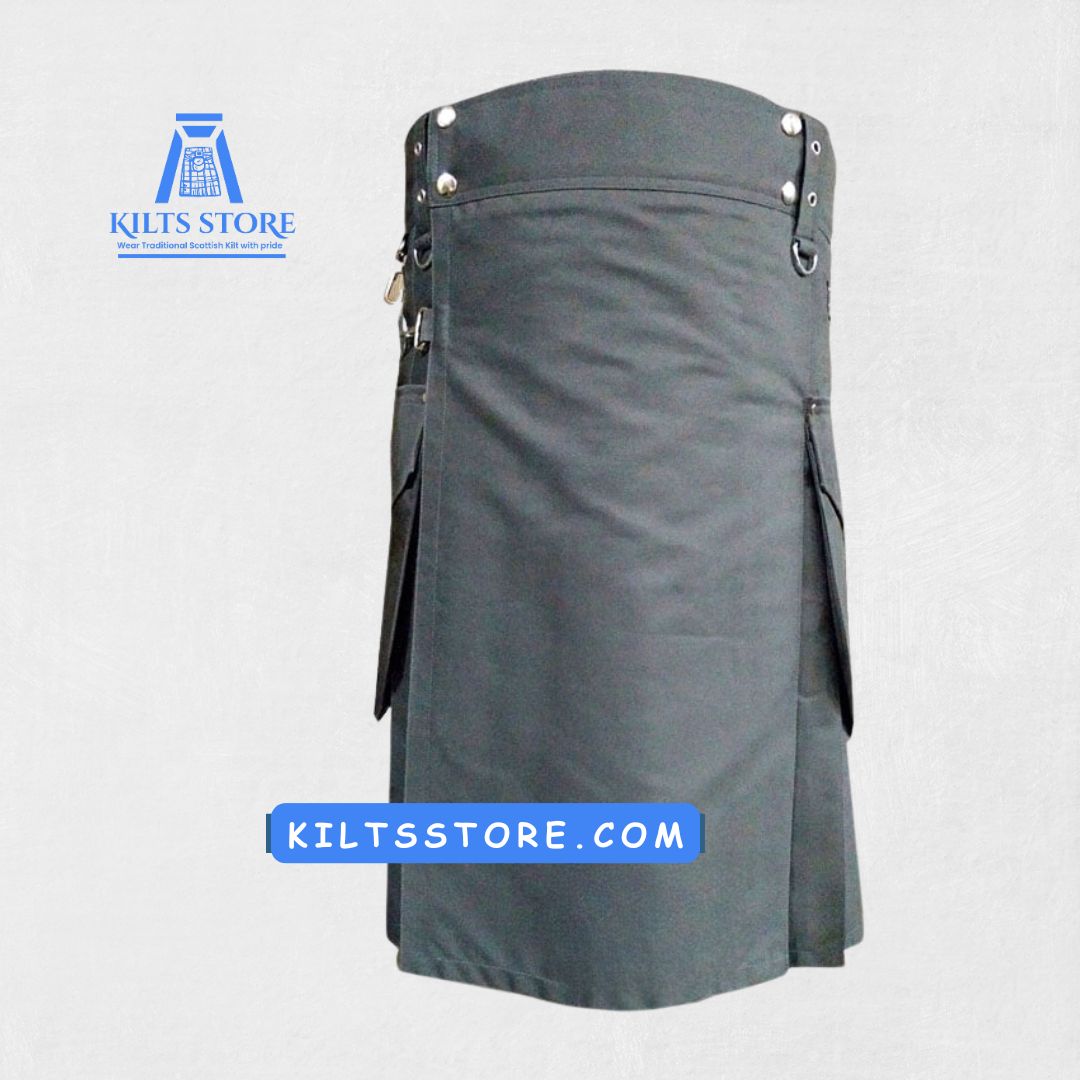 Premium Grey Utility Kilt – Detailed Front View with Pleats