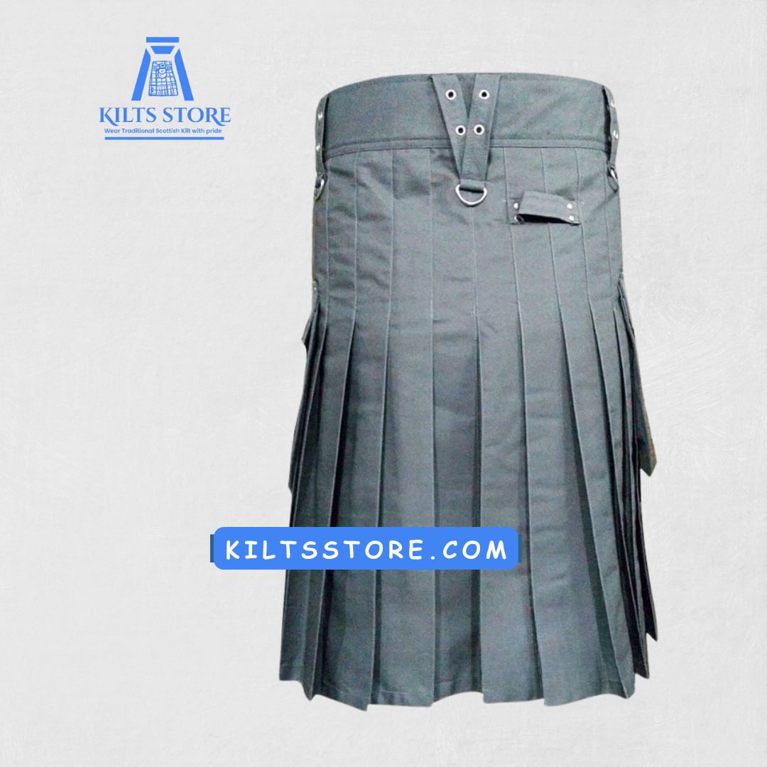 Premium Grey Utility Kilt – Detailed Rear View with Pleats
