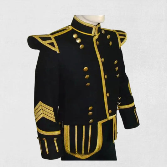 Front view of Premium Hand-Made Black Military Drummer Doublet for Men with intricate details.