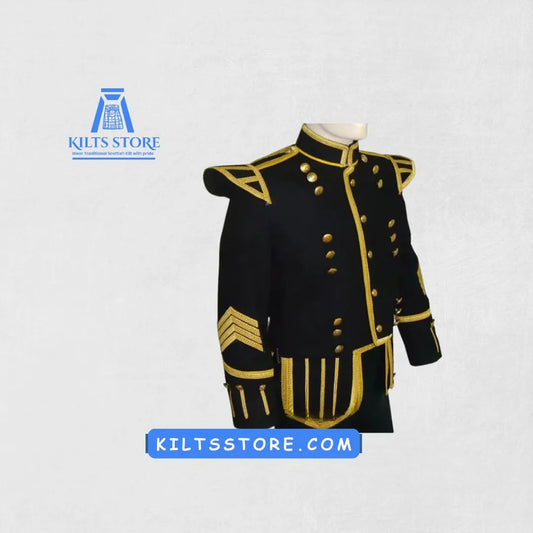 Front view of Premium Hand-Made Black Military Drummer Doublet for Men with intricate details.