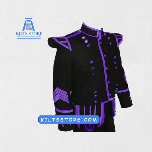 Front view of the Premium Hand-Made Black Military Drummer Doublet for Men showcasing intricate military-inspired details.