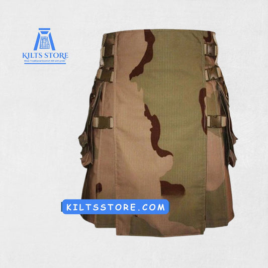Hand-Made Desert Camouflage Utility Kilt – Front with Cargo Pockets