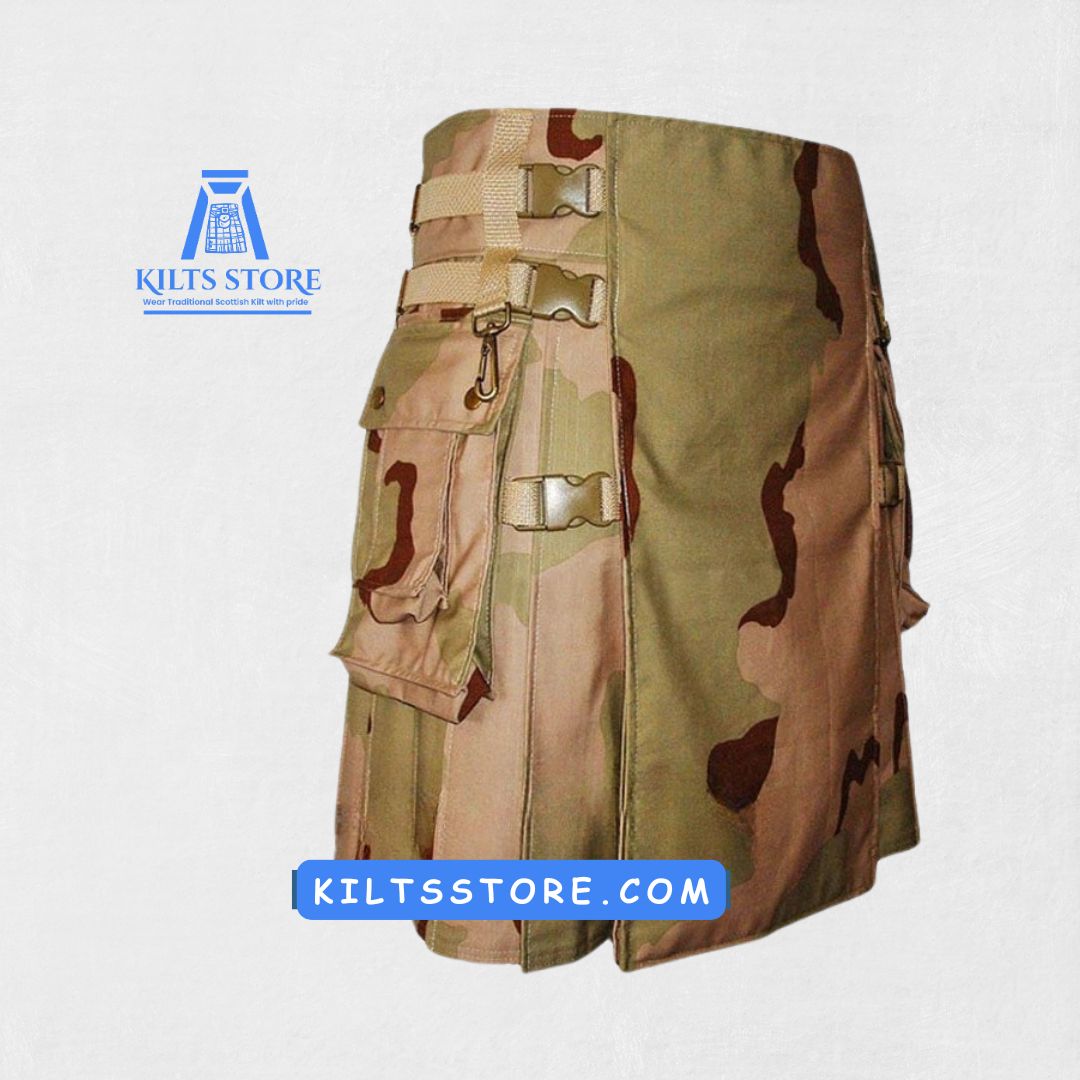 Hand-Made Desert Camouflage Utility Kilt – Side view with Cargo Pockets