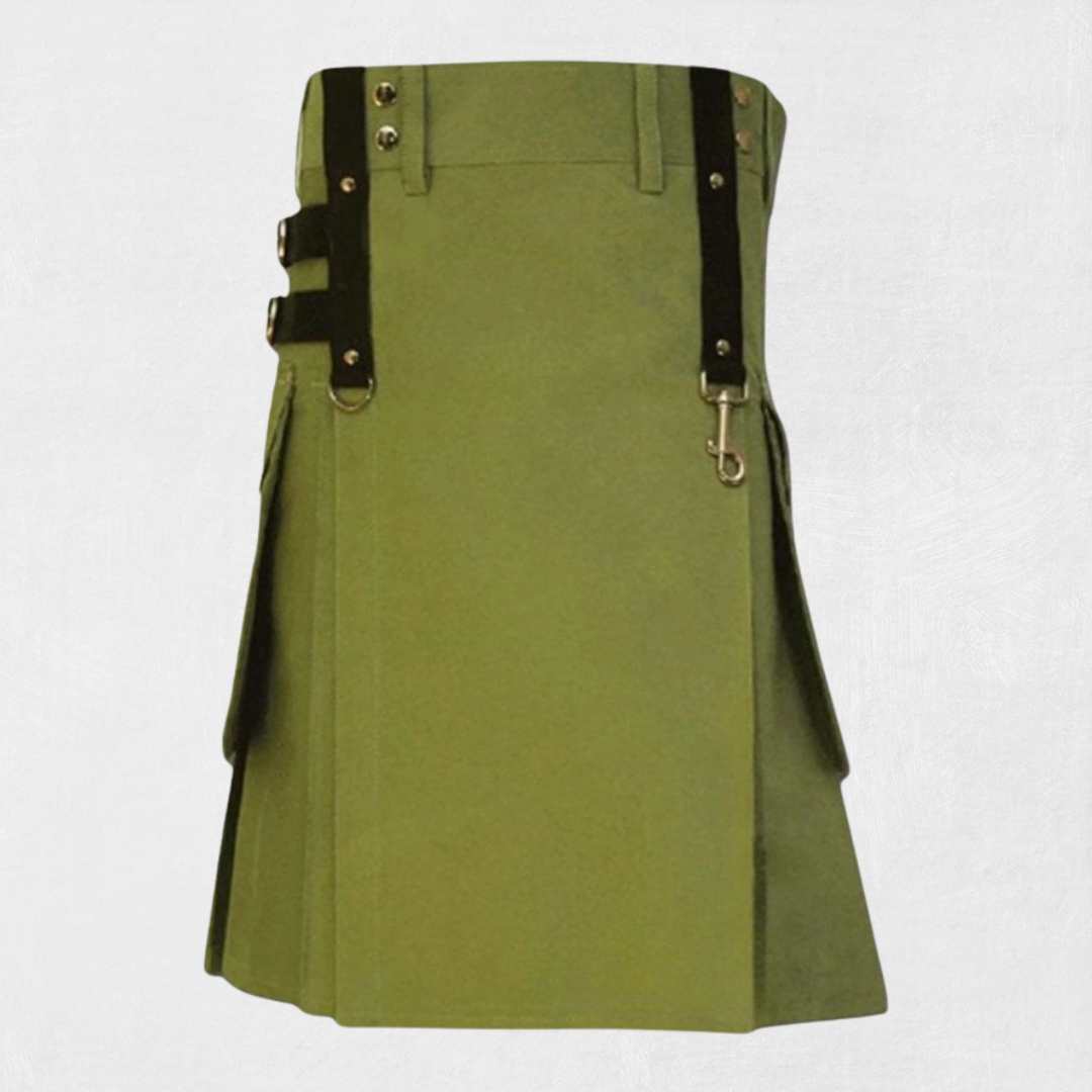 Hand-Made Modern Utility Kilt – Front View with Adjustable Straps and Pockets
