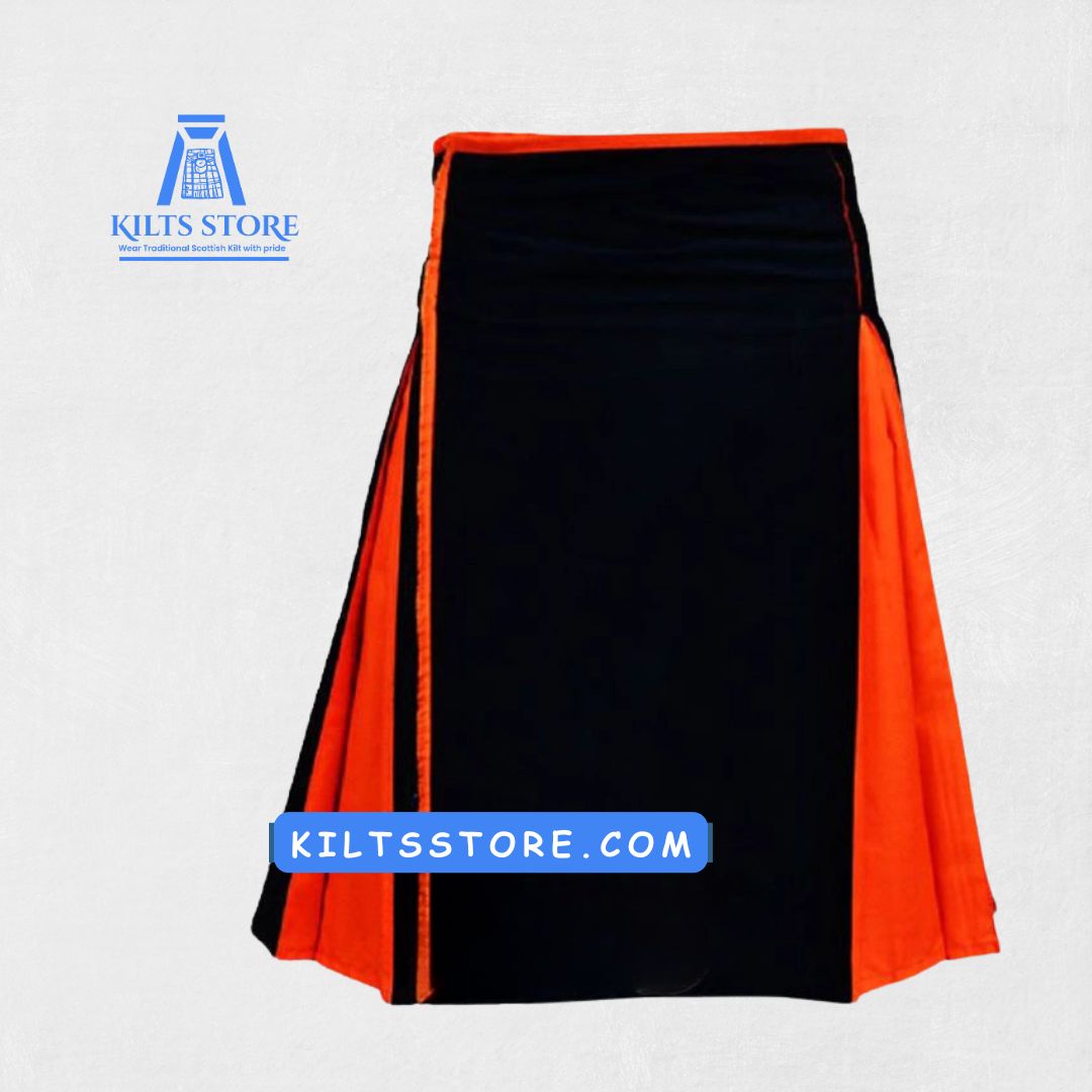 Hand-Made Orange Black Cotton Hybrid Kilt – Front with Utility Pockets and Adjustable Straps
