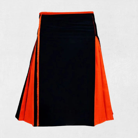 Hand-Made Orange Black Cotton Hybrid Kilt – Front with Utility Pockets and Adjustable Straps