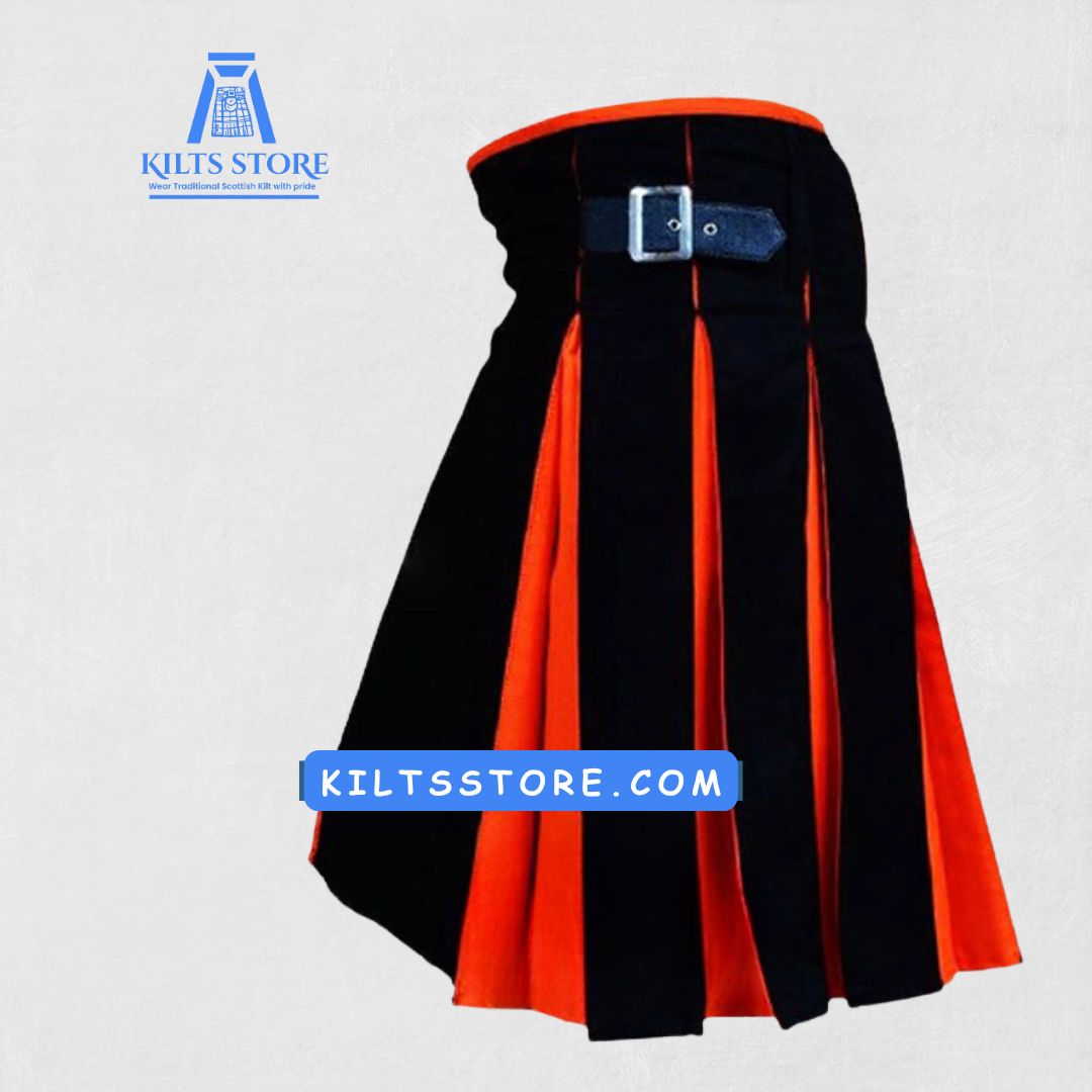 Hand-Made Orange Black Cotton Hybrid Kilt – Back View with Pleats and Reinforced Details