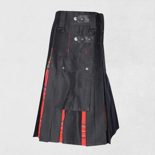 Premium black cotton Royal Stewart tartan hybrid kilt with red accents, featuring Kiltsstore logo.