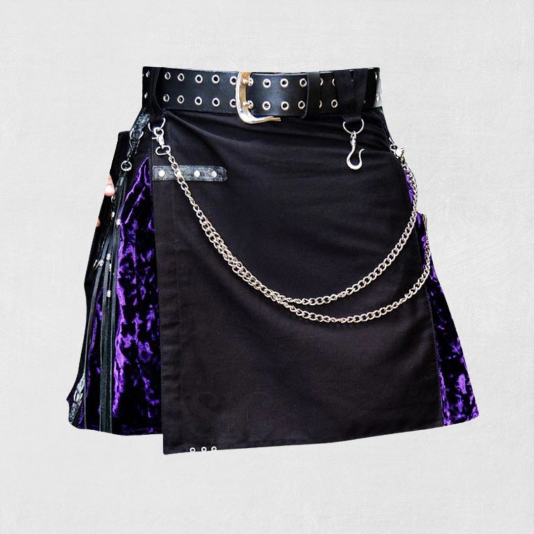 Front view of the Premium Quality Hand-Made Scottish Black Gothic Kilt, showcasing its gothic details and handcrafted design.