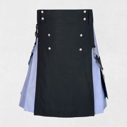 Hand-Made Scottish Black Grey Hybrid Kilt – Front with Utility Pockets and Adjustable Straps