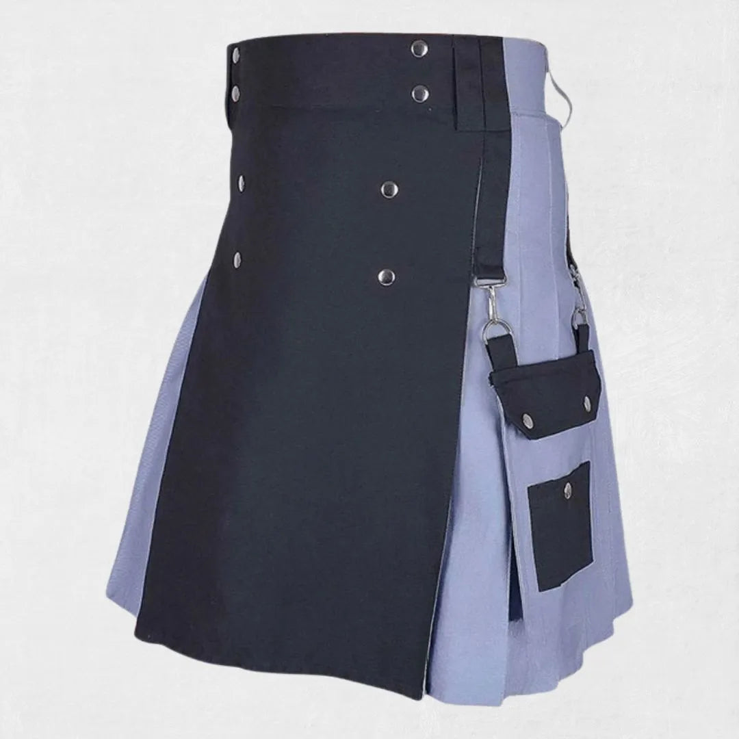 Hand-Made Scottish Black Grey Hybrid Kilt – Back View with Pleats and Reinforced Details