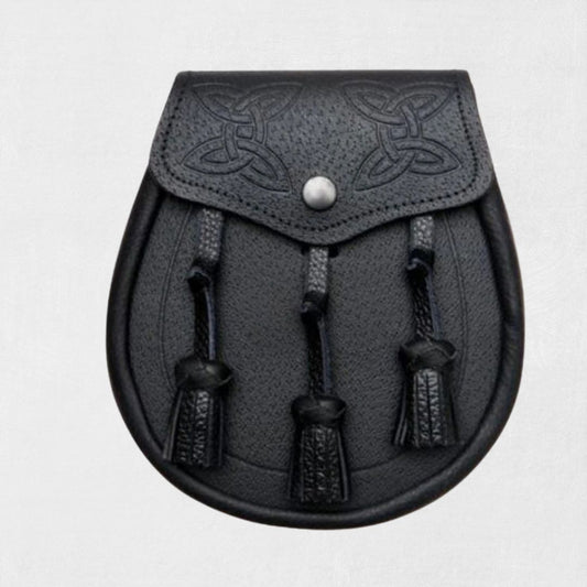 Front view of Premium Hand-Made Scottish Black Leather Kilt Sporran with tassels